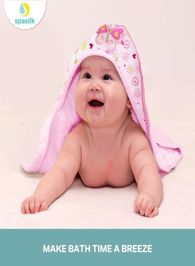 Spasilk Hooded Bath Towel and Washcloths Set for Newborns, 1 Soft Terry Baby Towel and 3 Baby Washcloths, Baby Essentials, Ideal, One Size, Pink Butterfly - Image 5