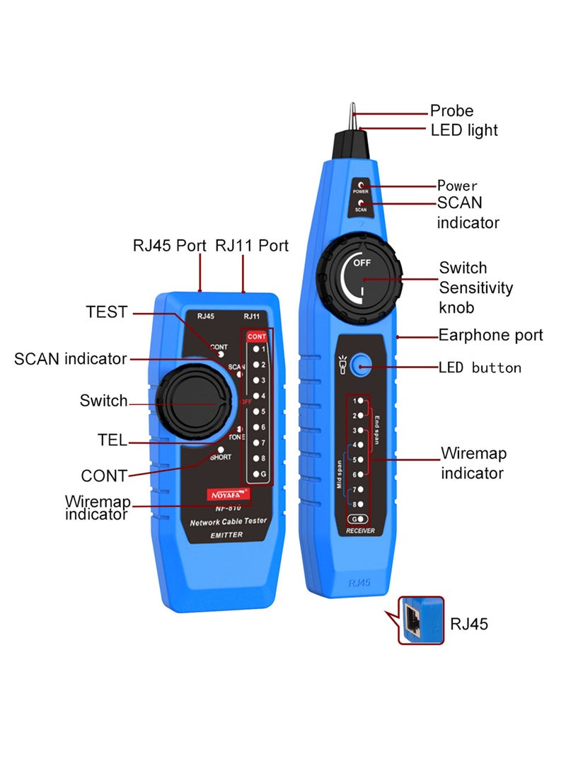 NOYAFA - NF-810 Network Cable Tester Kit for RJ11 RJ45 CAT5 CAT6 LAN Cable Multi Function Wire Tracker Wiremap PoE TEL Testing Line Finder with LED Light Earphone Tool Bag - Image 1