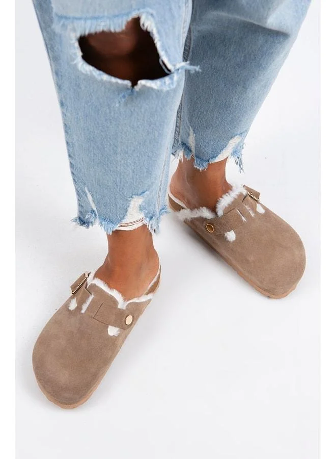 Zeta Fur-Lined Women's Genuine Leather Buckled Belted Fur Mink Suede Slippers - Brown