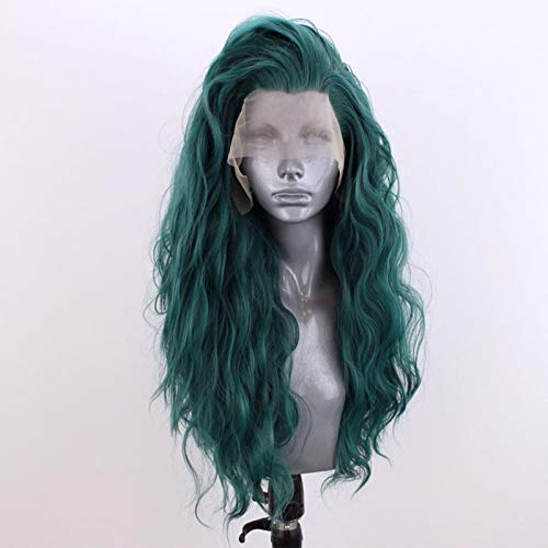 Choshim Hair Green Color Synthetic Lace Front Wig Heat Resistant Fiber Long Curly Wavy Fashion Style Free Part Green Lace Wig 24inches Water Wave Party Wig - Image 2