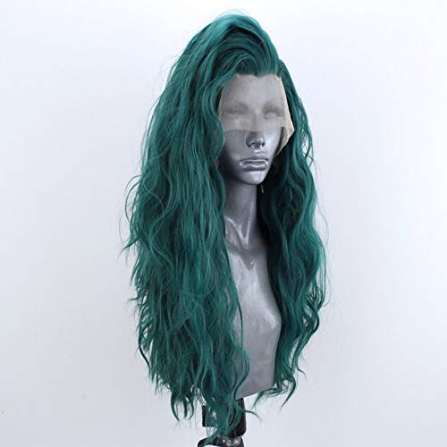 Choshim Hair Green Color Synthetic Lace Front Wig Heat Resistant Fiber Long Curly Wavy Fashion Style Free Part Green Lace Wig 24inches Water Wave Party Wig - Image 4