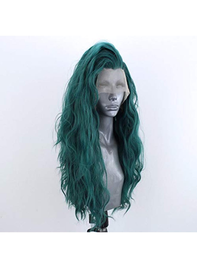 Choshim Hair Green Color Synthetic Lace Front Wig Heat Resistant Fiber Long Curly Wavy Fashion Style Free Part Green Lace Wig 24inches Water Wave Party Wig - Image 3