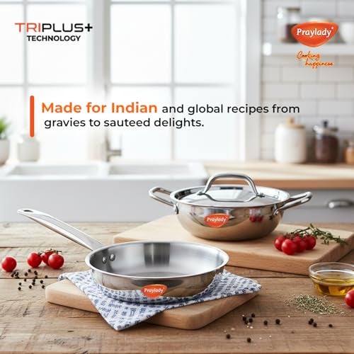 Praylady Triplus Aura 3-Piece Tri-Ply Stainless Steel Cookware Gift Set – 20cm Kadai, 20cm-1.7ltr | Frying Pan with Common Lid | Naturally Non-Stick, Superior Heat Distribution, Elegant Gift Choice - Image 4