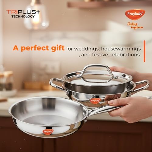 Praylady Triplus Aura 3-Piece Tri-Ply Stainless Steel Cookware Gift Set – 20cm Kadai, 20cm-1.7ltr | Frying Pan with Common Lid | Naturally Non-Stick, Superior Heat Distribution, Elegant Gift Choice - Image 5
