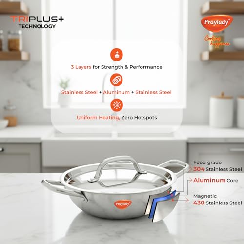 Praylady Triplus Aura 3-Piece Tri-Ply Stainless Steel Cookware Gift Set – 20cm Kadai, 20cm-1.7ltr | Frying Pan with Common Lid | Naturally Non-Stick, Superior Heat Distribution, Elegant Gift Choice - Image 3