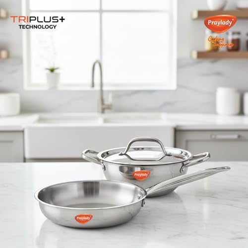 Praylady Triplus Aura 3-Piece Tri-Ply Stainless Steel Cookware Gift Set – 20cm Kadai, 20cm-1.7ltr | Frying Pan with Common Lid | Naturally Non-Stick, Superior Heat Distribution, Elegant Gift Choice - Image 2