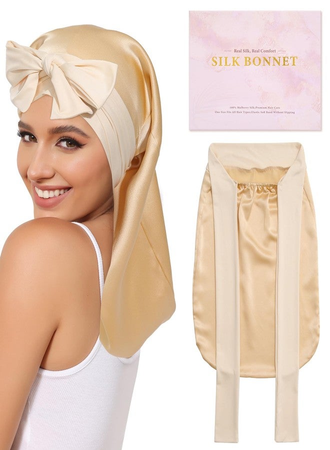 AWAYTR 100% Mulberry Silk Bonnet - Long Hair Cap for Sleeping Tie Band Bonnet for Braids Curly Hair (Champagne) - Image 1