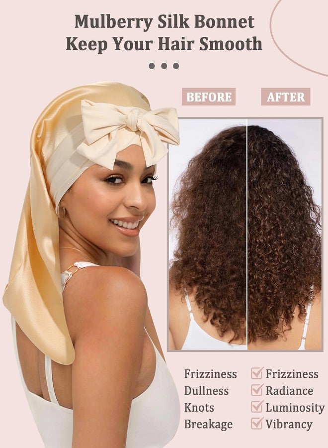 AWAYTR 100% Mulberry Silk Bonnet - Long Hair Cap for Sleeping Tie Band Bonnet for Braids Curly Hair (Champagne) - Image 2