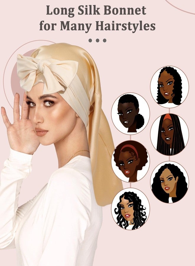 AWAYTR 100% Mulberry Silk Bonnet - Long Hair Cap for Sleeping Tie Band Bonnet for Braids Curly Hair (Champagne) - Image 3