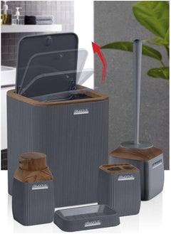 Generic Okyanus Diva Bathroom Set 5 Piece Acrylic Wooden Lid -Grey  - Image 3