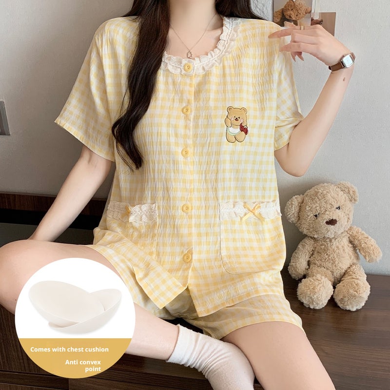Women's Cloud Cotton 2-Piece Pyjama Set with Lace Round Neck & Built-in Pads (M-XXL) - Image 1