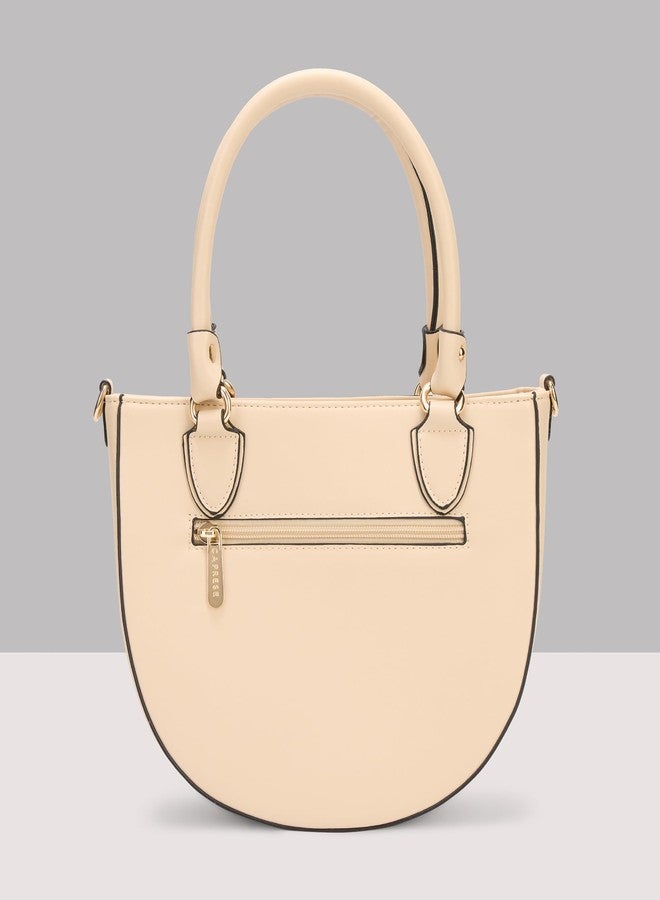 Caprese Elsa Medium Satchel Bag for Women with Adjustable & Detachable Strap | Elegant Embroidery Faux Leather Handbag | Multi-Compartment Crossbody Shoulder Bag for Special Occasions (Alpine Oat) - Image 3