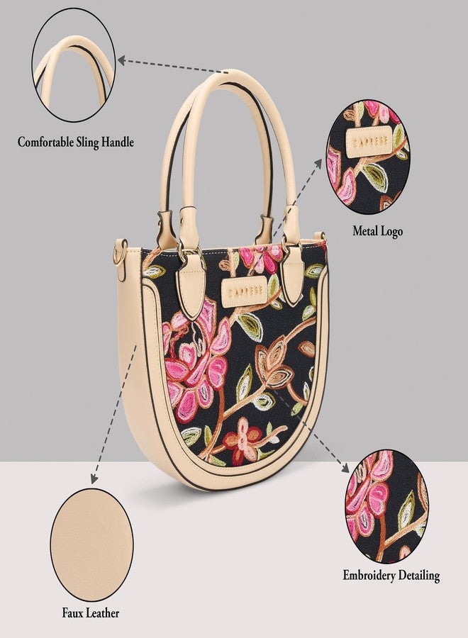 Caprese Elsa Medium Satchel Bag for Women with Adjustable & Detachable Strap | Elegant Embroidery Faux Leather Handbag | Multi-Compartment Crossbody Shoulder Bag for Special Occasions (Alpine Oat) - Image 4