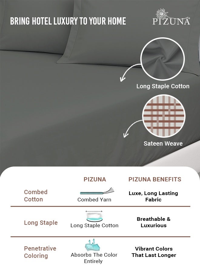 Pizuna Pure Combed Cotton Double Fitted Sheet 140x200 cm Dark Grey, 400 Thread Count Cool Luxury Soft 100% Long Staple Cotton Sateen Weave, 40cm Deep Pocket Bedsheet with 2 pillowcase (Fitted Sheet) - Image 2