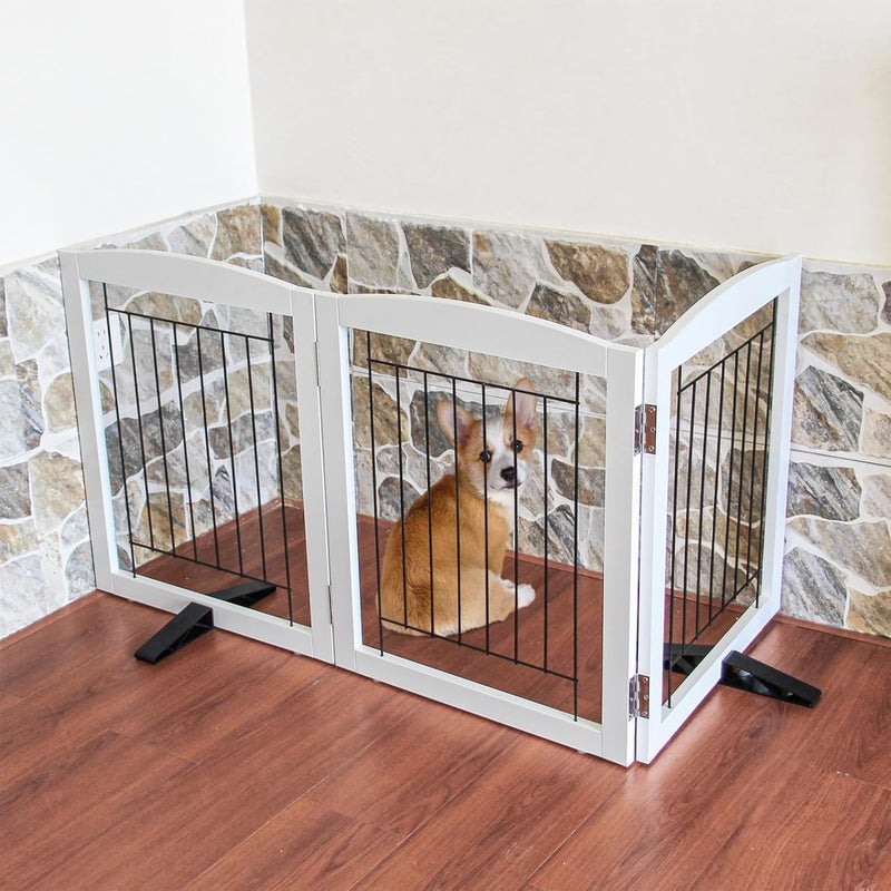 ZJSF Freestanding Dog Fence Indoor Foldable Dog Gate for Doorways Stairs or Hallways Sturdy Wood Extra Wide Pet Gate with Support Feet for The House White 24 Height3 Panels - Image 5