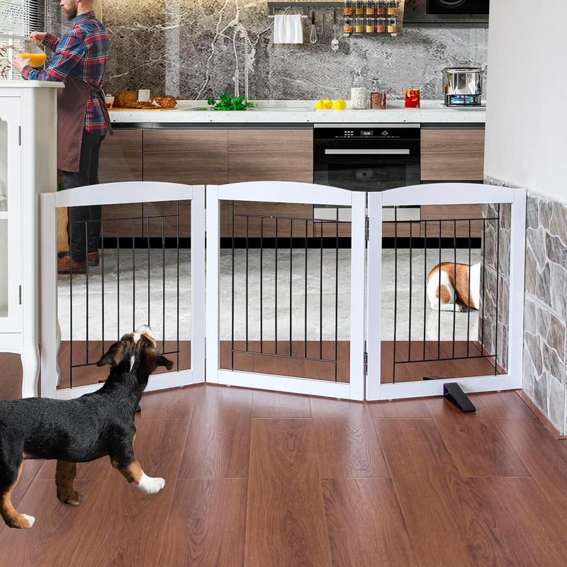 ZJSF Freestanding Dog Fence Indoor Foldable Dog Gate for Doorways Stairs or Hallways Sturdy Wood Extra Wide Pet Gate with Support Feet for The House White 24 Height3 Panels - Image 2