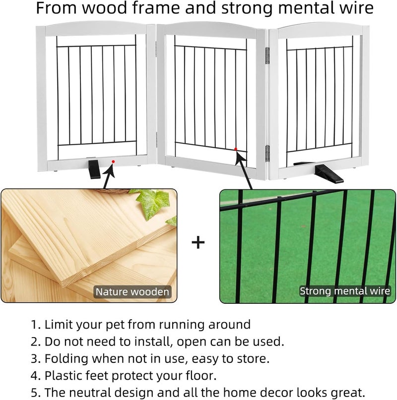 ZJSF Freestanding Dog Fence Indoor Foldable Dog Gate for Doorways Stairs or Hallways Sturdy Wood Extra Wide Pet Gate with Support Feet for The House White 24 Height3 Panels - Image 4