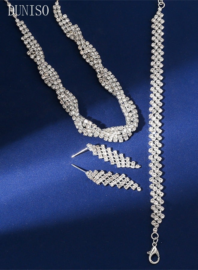 DUNISO 3Piece Jewelry Set With Necklace Bracelet and Earrings Full Diamond V Neck Necklace Crystal Earrings Wedding Bridal Bridesmaid Costume Jewelry Set for Women and Girls Dress Accessories - Image 4