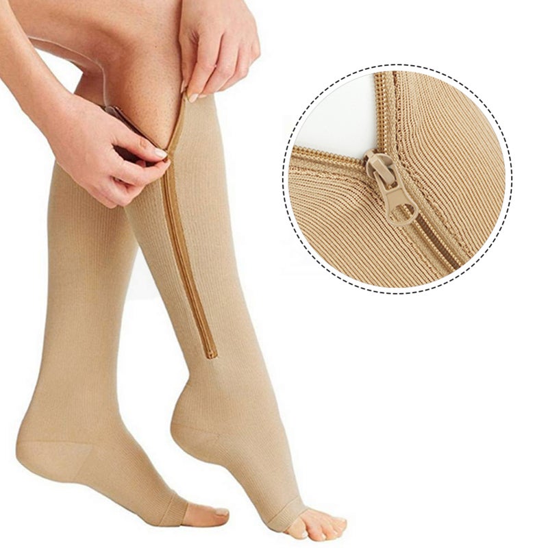 XX-Large Beige Open Toe Compression Socks - High Flexibility Breathable Nylon Fabric, Side Zipper Closure for Easy Wear, Swelling & Pain Relief for Runners, Receptionists, Drivers, Teachers During Sta - Image 2