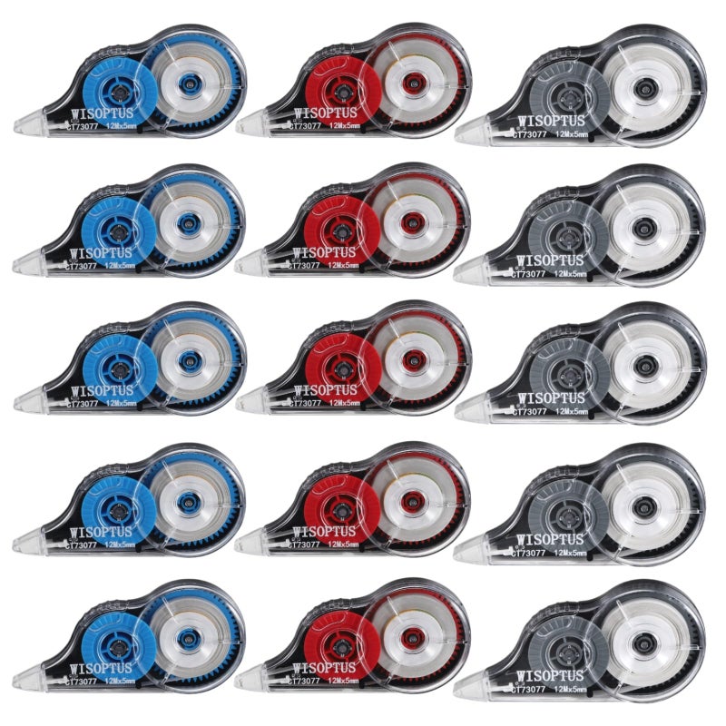 WISOPTUS 15PCS White Correction Tape with Dispenser, 39.37ft Each, Fast, Clean, Opaque and Easy to Use Tear-Resistant Correction Tape Bulk Office or School Supplies, Blue, Red, Gray - Image 1
