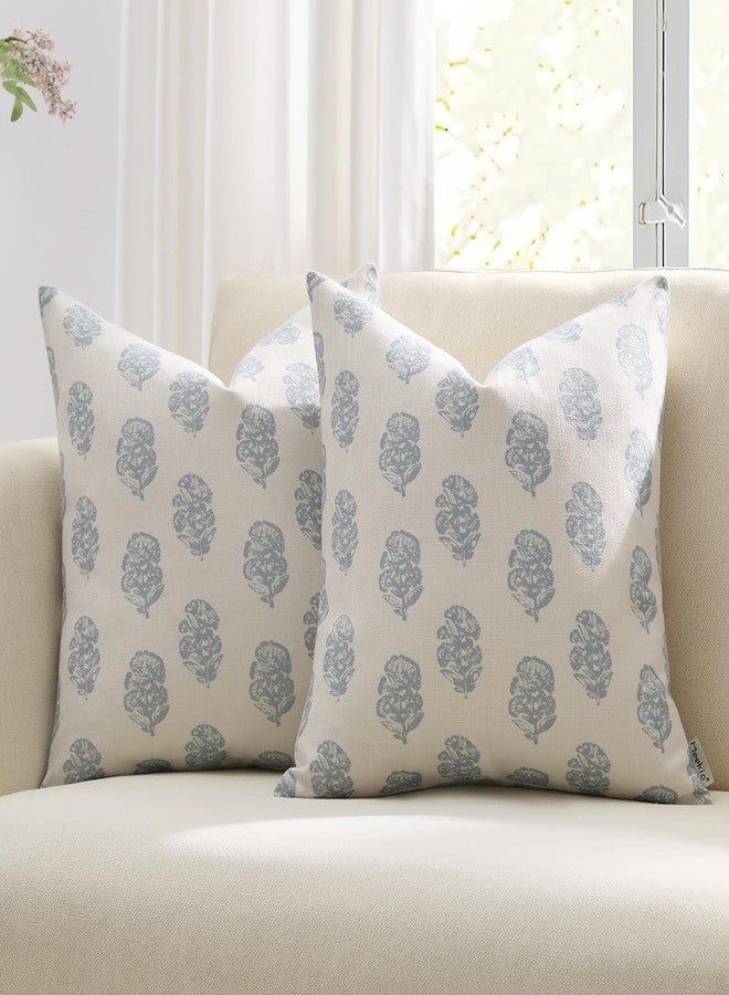 Meekio Set of 2 Light Blue Floral Block Print Pillow Covers 18 x 18 inches Linen Throw Pillow Covers for Sofa Couch Decor - Image 1