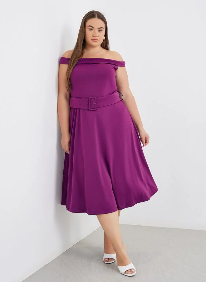 ستايلي Styli Plus Purple Midi Dress with Off Shoulder Neck