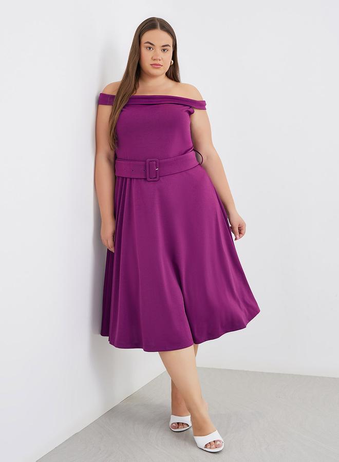 Styli Plus Purple Midi Dress With Off Shoulder Neck - Image 1