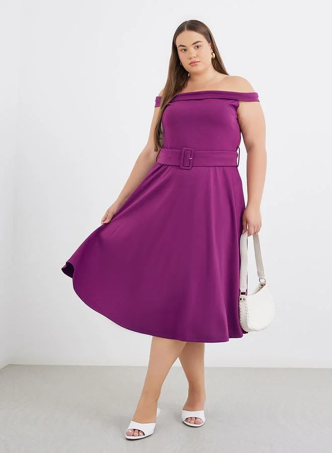 ستايلي Styli Plus Purple Midi Dress with Off Shoulder Neck