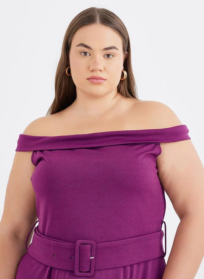 Styli Styli Plus Purple Midi Dress with Off Shoulder Neck