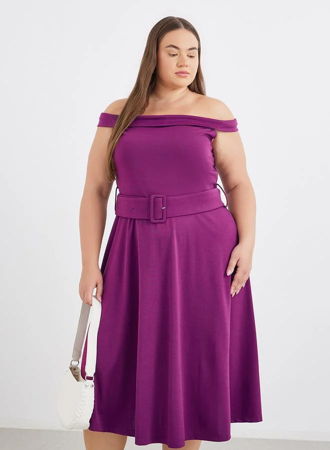 Styli Styli Plus Purple Midi Dress with Off Shoulder Neck