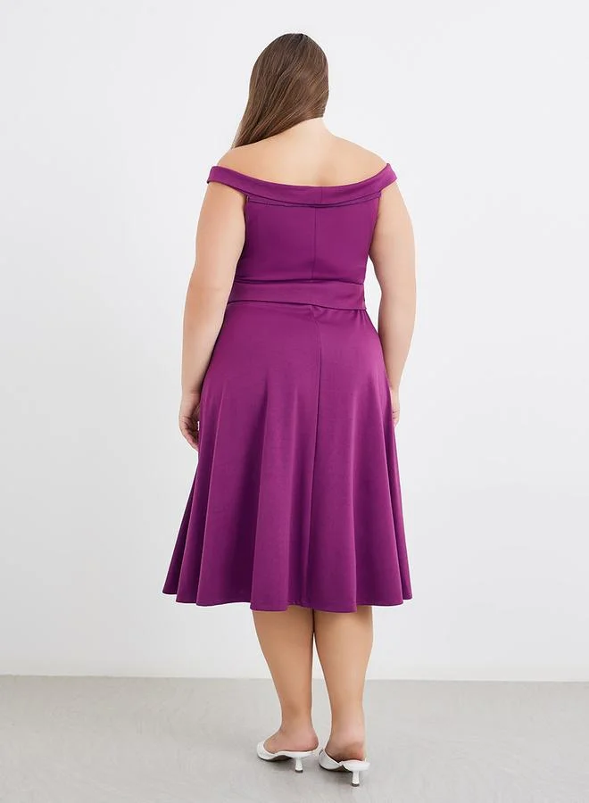 Styli Styli Plus Purple Midi Dress with Off Shoulder Neck
