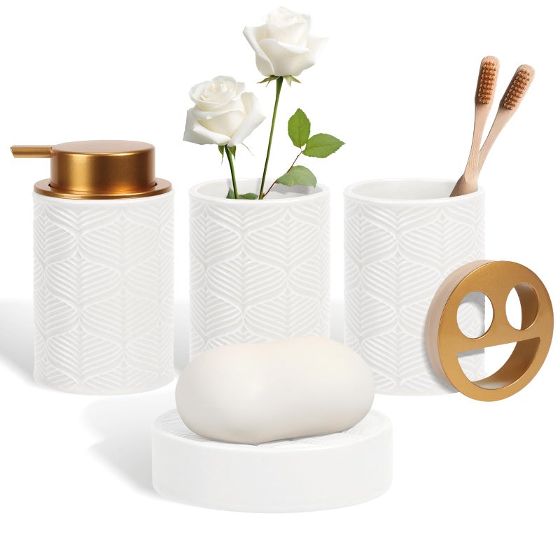 Kukikan Ceramic Bathroom Accessories Set 4 PcsIncludes Lotion Soap Dispenser Toothbrush Holder Vanity Tray and Tumbler Modern Bathroom Decor Organizer with Soap Dish Apothecary Jar White Color - Image 2