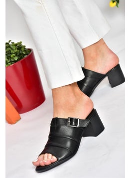 Fox Shoes P555450903 Black Genuine Leather Thick Heeled Daily Women's Slippers  - Image 1