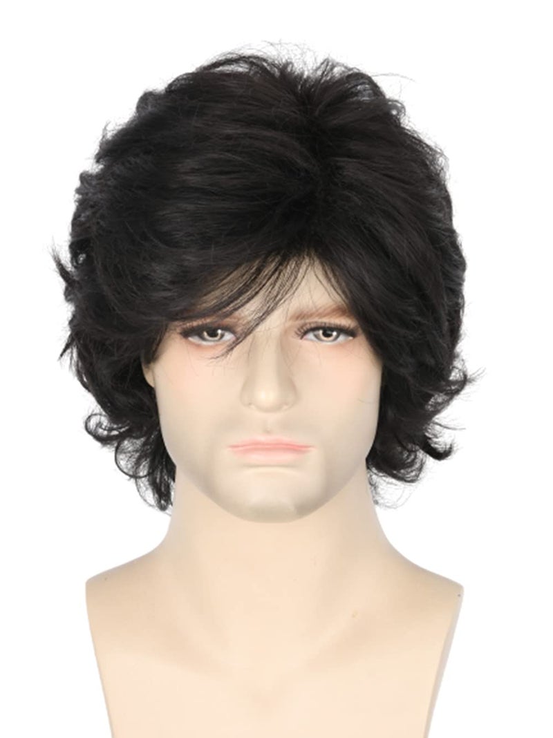 LeMarnia Mens Wigs 70s Wigs for Men Black Short Wavy Fluffy Wig Halloween Costume Wig