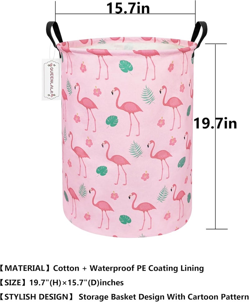 QUEENLALA Large Storage Basket,Laundry Hamper/Bathroom/Home Decor/Collapsible Round Storage Bin,Boys and Girls Hamper/Boxes/Clothing(Round-Pink Flamingo) - Image 2