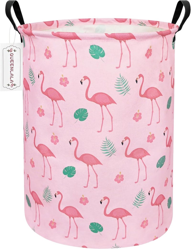 QUEENLALA Large Storage Basket,Laundry Hamper/Bathroom/Home Decor/Collapsible Round Storage Bin,Boys and Girls Hamper/Boxes/Clothing(Round-Pink Flamingo) - Image 1