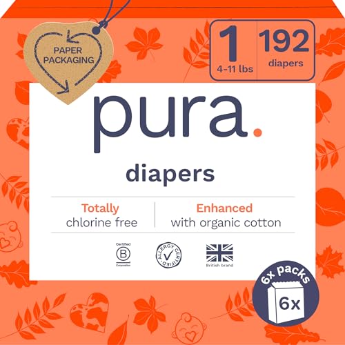 Pura Size 1 Eco-Friendly Diapers (4-11lbs) Hypoallergenic, Soft Organic Cotton Comfort, Sustainable, Wetness Indicator, Allergy UK, Newborn, Bulk Buy, 6 Packs of 32 (192 Baby Diapers) - Image 1