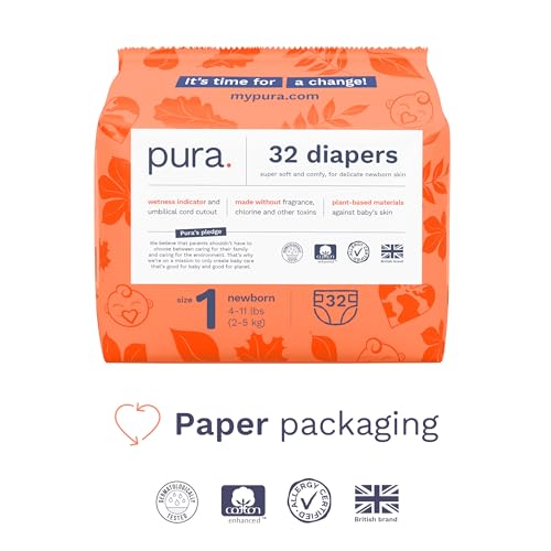 Pura Size 1 Eco-Friendly Diapers (4-11lbs) Hypoallergenic, Soft Organic Cotton Comfort, Sustainable, Wetness Indicator, Allergy UK, Newborn, Bulk Buy, 6 Packs of 32 (192 Baby Diapers) - Image 2