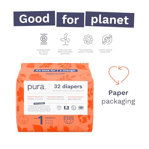Pura Size 1 Eco-Friendly Diapers (4-11lbs) Hypoallergenic, Soft Organic Cotton Comfort, Sustainable, Wetness Indicator, Allergy UK, Newborn, Bulk Buy, 6 Packs of 32 (192 Baby Diapers) - Image 4