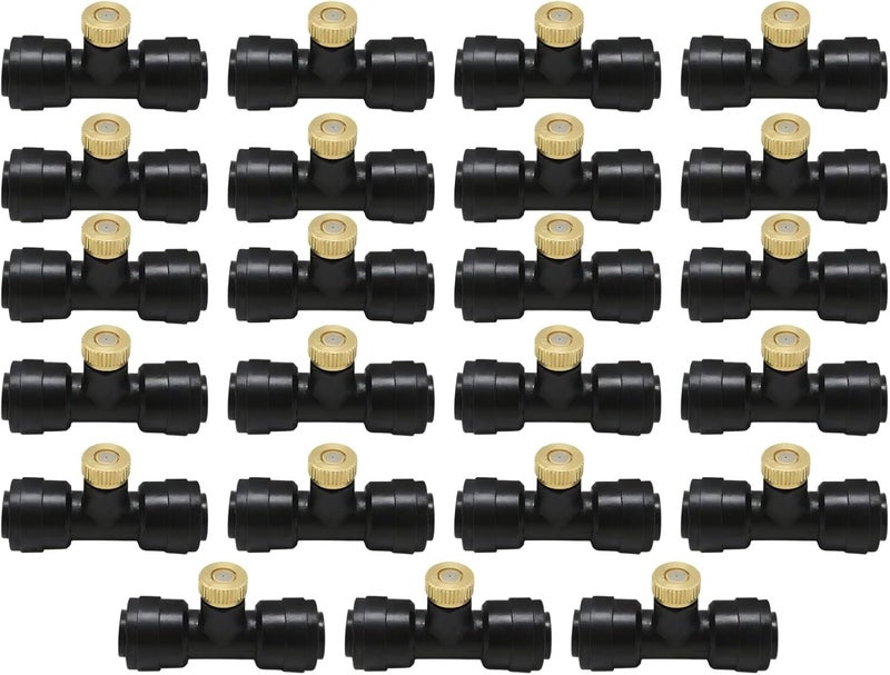 Quick Connect Misting Tees, 23 Pcs Kit, for Home Garden and More, with Brass Orifice Nozzles, 1/4 Inch - Image 1