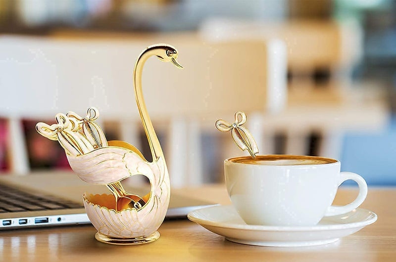 Flylin Coffee Dessert Spoon Set, Swan Base Holder with 6pcs Ice Cream Spoons Teaspoons Coffee Dessert Sugar Flatware (Gold), (20210101-01) - Image 2