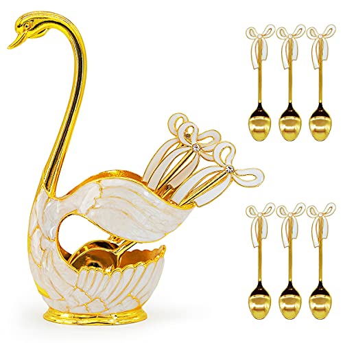 Flylin Coffee Dessert Spoon Set, Swan Base Holder with 6pcs Ice Cream Spoons Teaspoons Coffee Dessert Sugar Flatware (Gold), (20210101-01) - Image 1