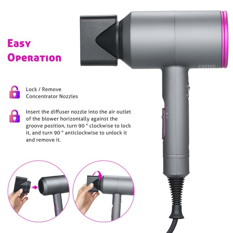 Ionic Hair Dryer 1800W-2000W AC Motor Moisturizing Ions Hair Dryer - Low Noise Quick Drying Hair Dryer With 3 Nozzles 3 Heat 2 Speed Settings for Home Hair Styling & Daily Hair Care - Image 5