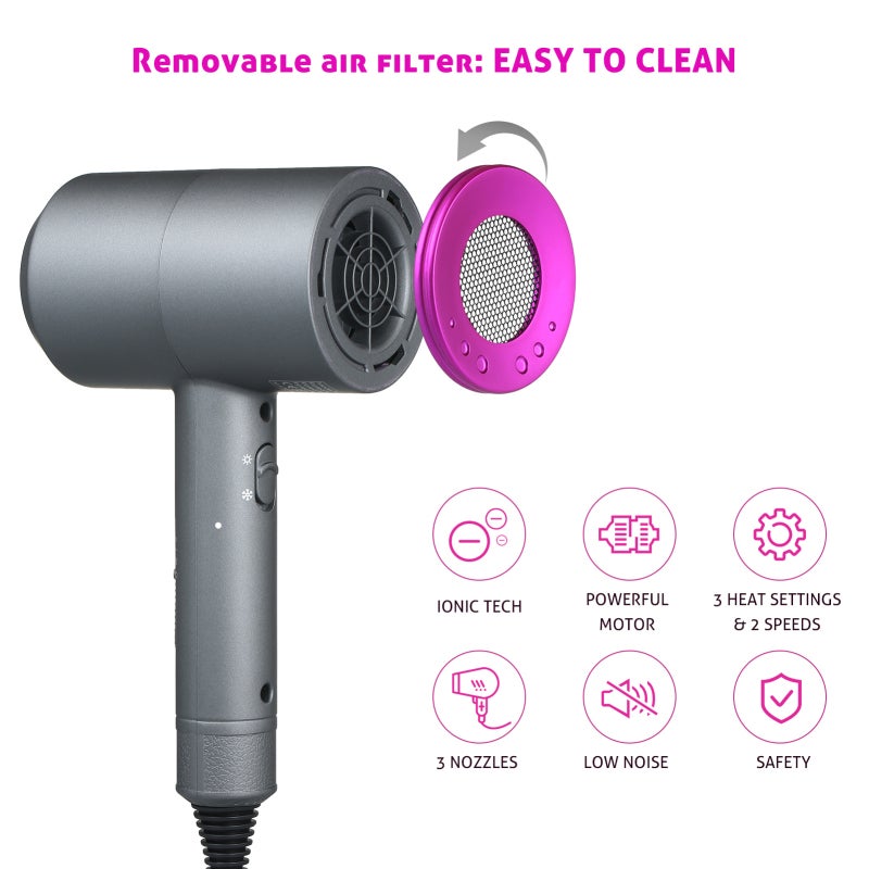Ionic Hair Dryer 1800W-2000W AC Motor Moisturizing Ions Hair Dryer - Low Noise Quick Drying Hair Dryer With 3 Nozzles 3 Heat 2 Speed Settings for Home Hair Styling & Daily Hair Care - Image 3