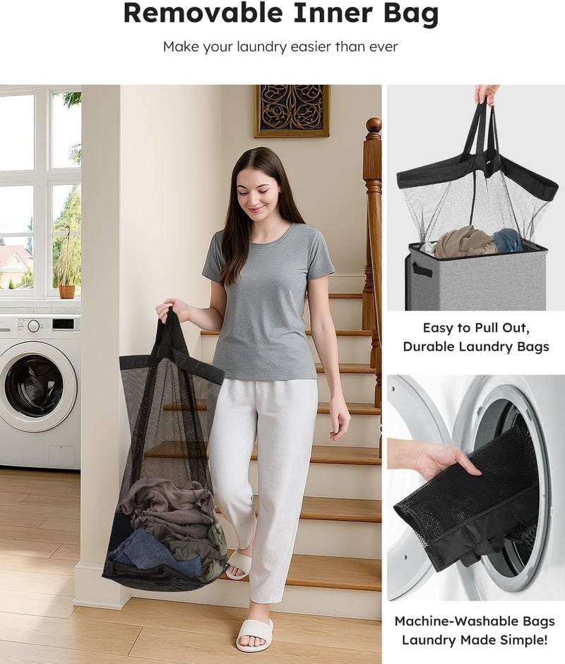 HOUSLET Laundry Hamper with Lid 100L Large & Tall Collapsible Laundry Basket, Clothes Hamper with Bag Removable Easy to Carry, Dirty Hampers for Bedroom, Bathroom, Dorm, College (Grey) - Image 4