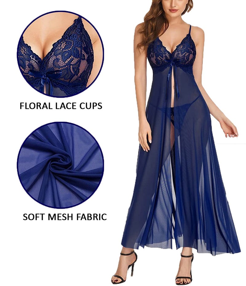 Xs and Os Lace Net Women Full Length Nightwear Lingerie with Panty Navy Blue - Image 4