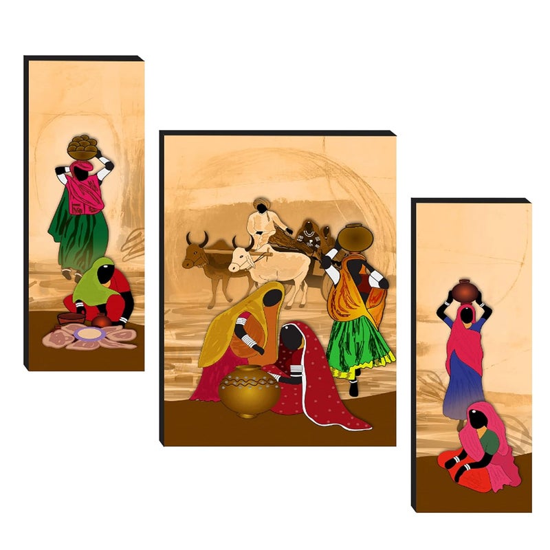 Masstone UV Laminated Rajasthani Village Theme Wall Art Multicolor Modern Art 12 x 18 Inch Digital Reprint Set of 3