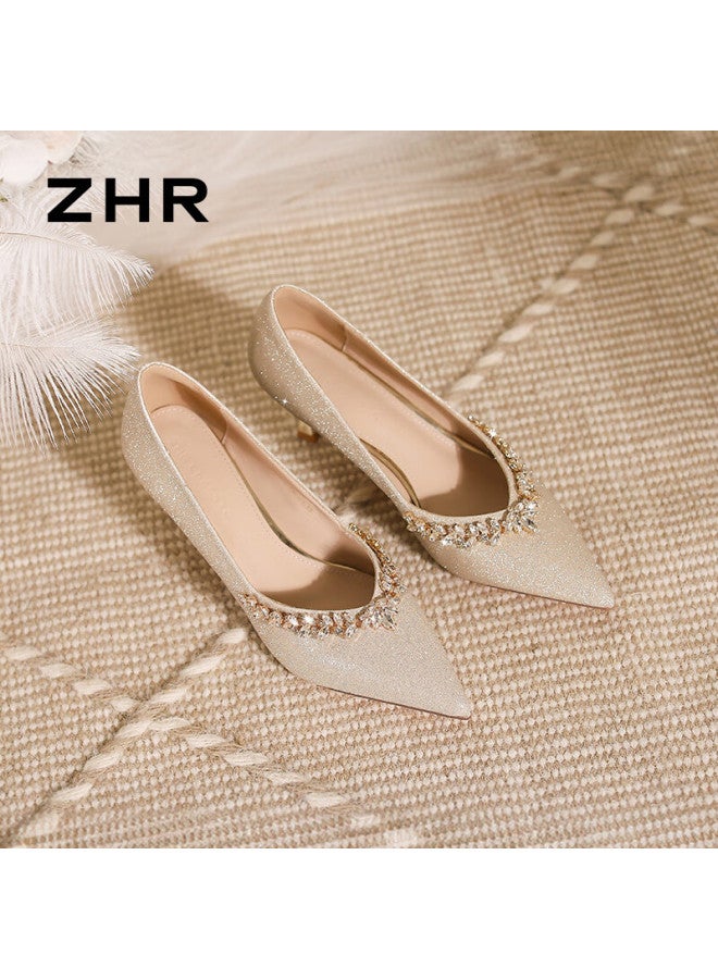 Zhr Women's Chinese Style Show He Wedding Shoes Burgundy Evening Dress Thin Heel Single Shoes Suede Bride Shoes Ig01 Champagne 39 - Image 1