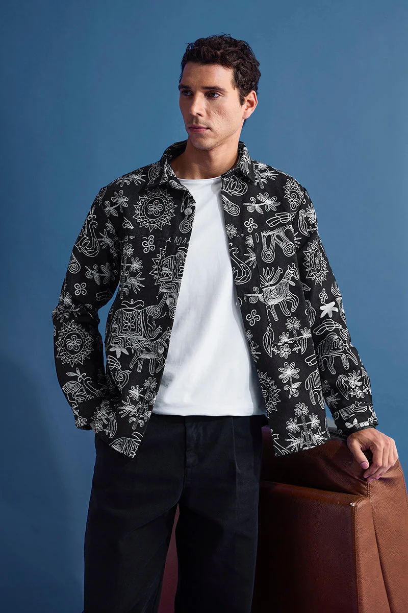 SNITCH Black Printed Long Sleeve Relaxed Streetwear Overshirt