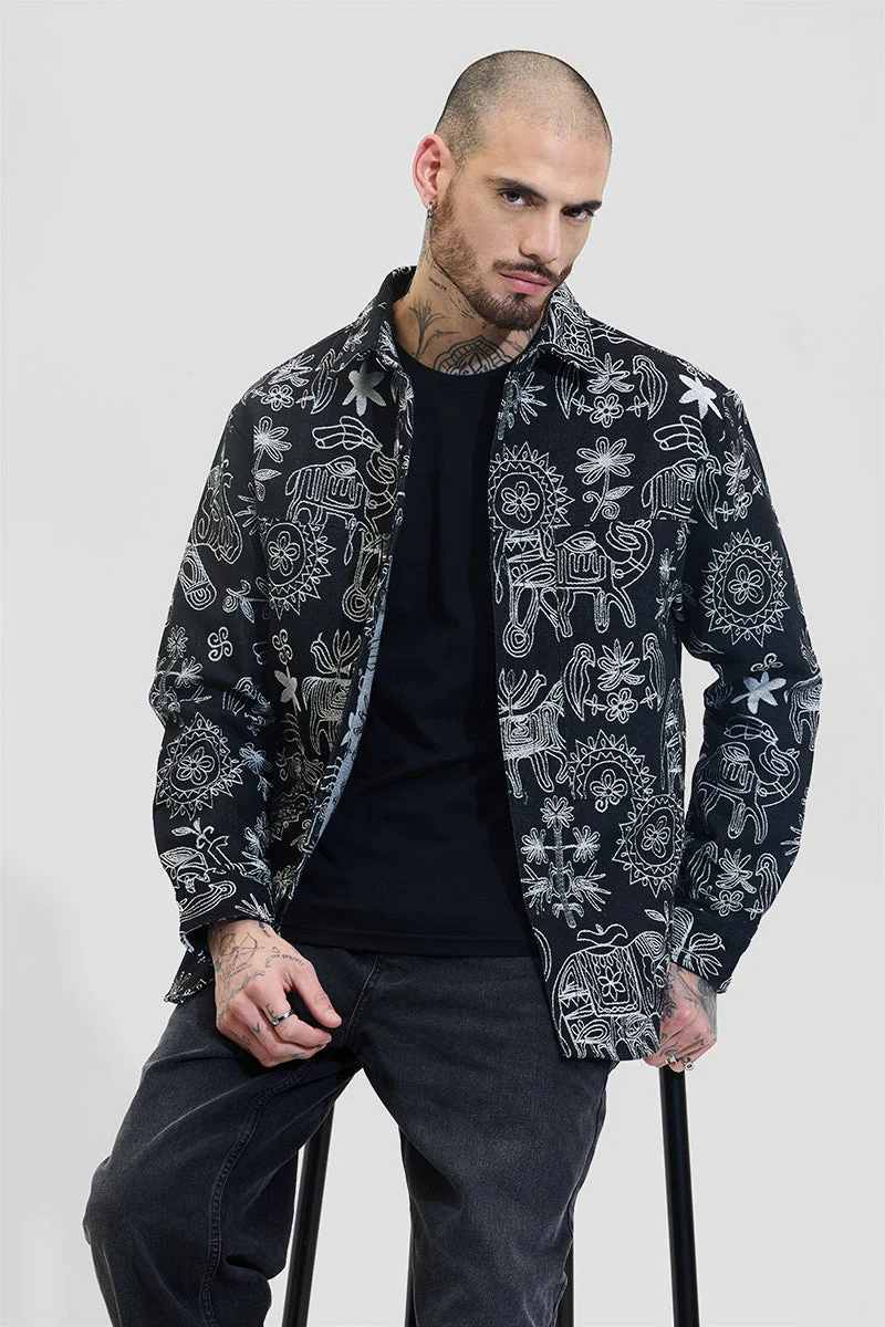 SNITCH Black Printed Long Sleeve Relaxed Streetwear Overshirt